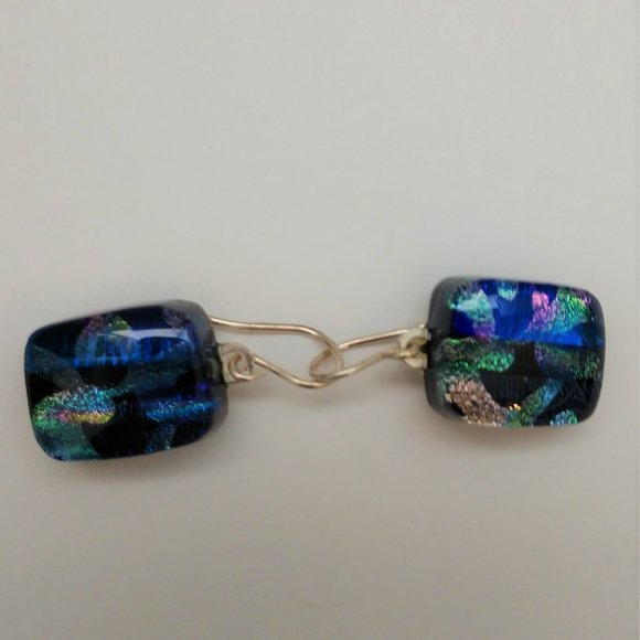 Hand Made Blue and Black Dangle Earrings With Dichroic Square Glass Beads - Picture 6 of 16